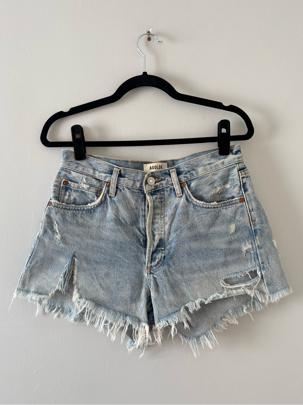 Agolde Parker Cut Off Denim Short Distressed Button-Fly Raw Hem Frayed Blue